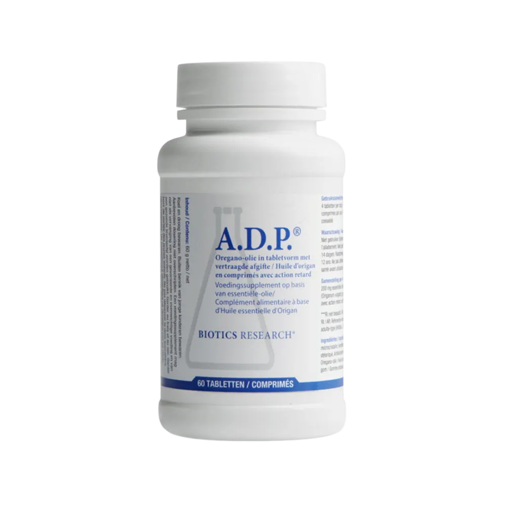 Envase de Biotics Research A.D.P. ACEITE ESENCIAL DE ORÉGANO 60 comprimidos de acción retardada, suplemento alimenticio