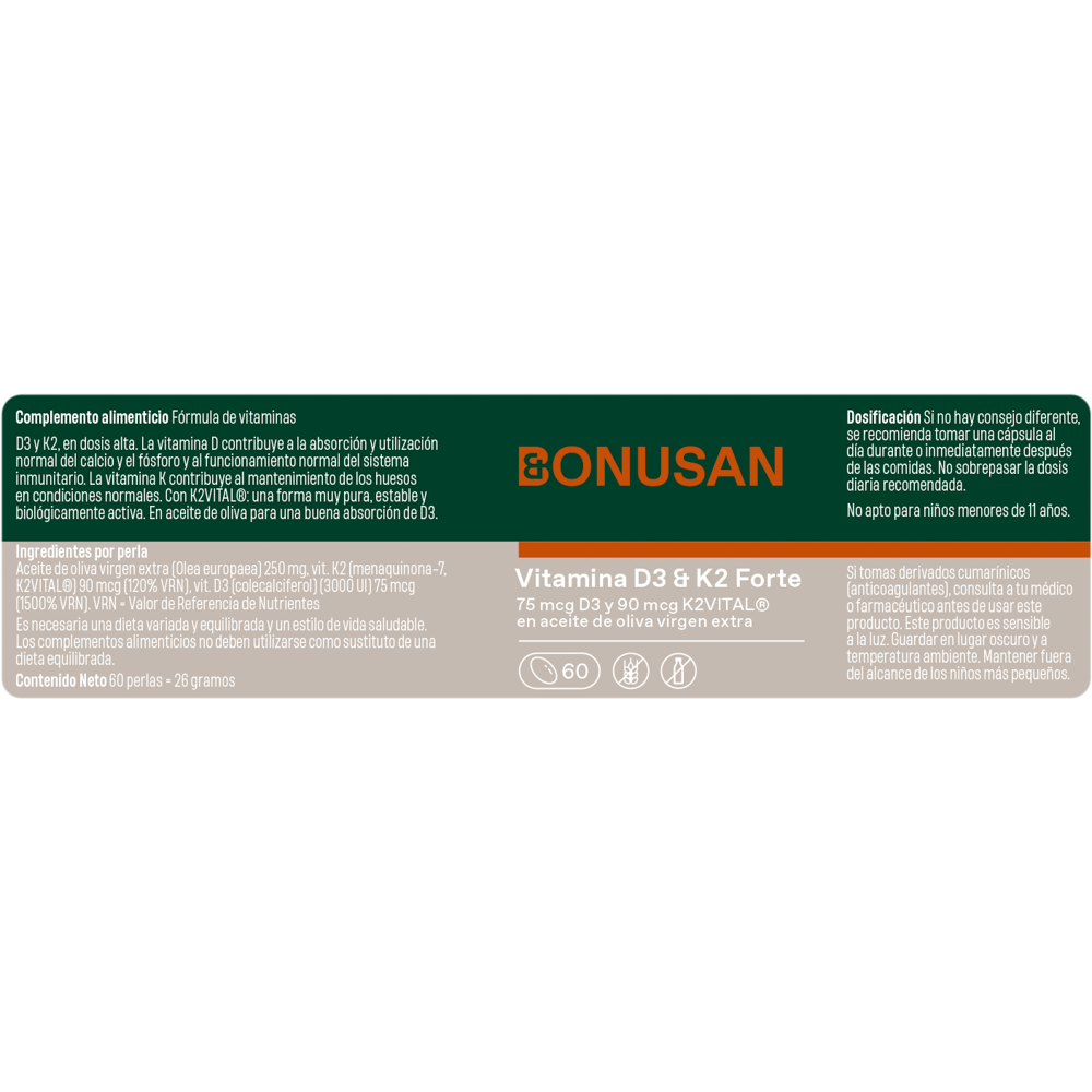 Vitamina D3 & K2 Forte 60 perlas de Bonusan