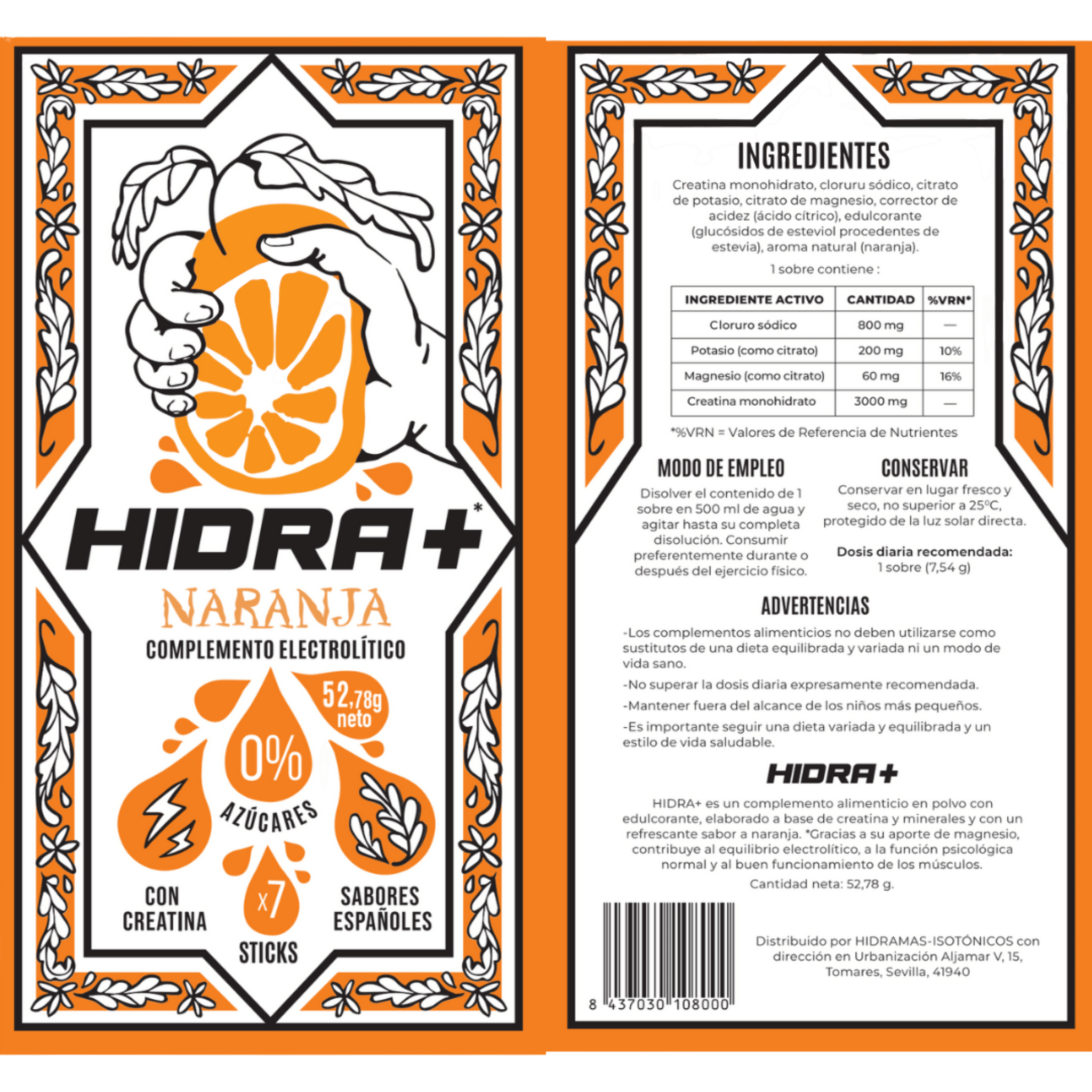 Hidra+ Electrolítico (Sabor naranja) 7 sticks de Hidramas-Isotónicos